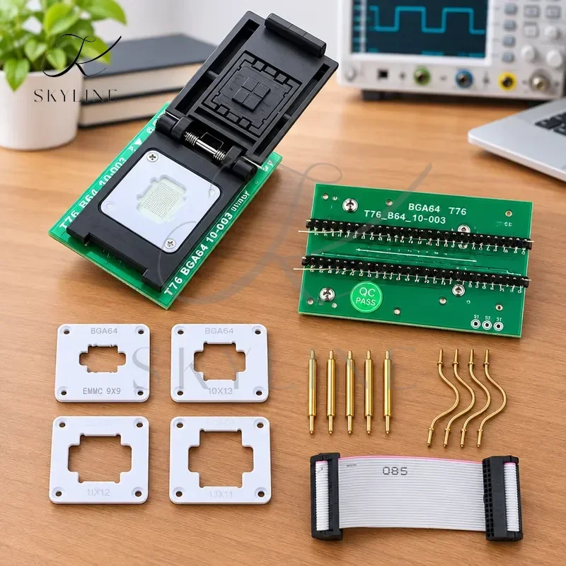 EMMC BGA64 Adapter IC Socket For T76 Programmer With Dual Head Spring Loaded Test Probe Holder Plus 5PCS Limit Frames