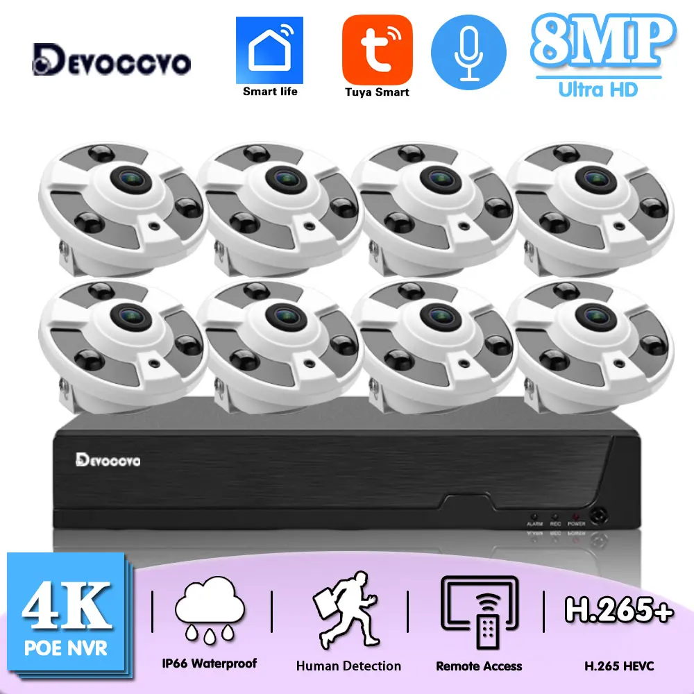 

Tuya 4K 8MP POE Panoramic Video Surveillance Camera System Indoor 8CH CCTV Camera Security System Kit 4CH IP Fisheye Cam Set