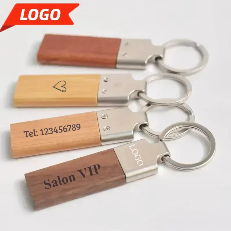 Laser Custom LOGO Wooden Metal Keychain Blank Rosewood Walnut Wood Engraved Key Chains for Company Hotel Personalize Car Keyring