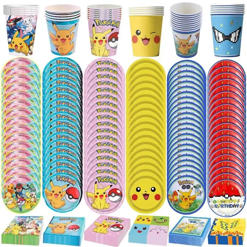Kit de Decoración para Fiesta de Cumpleaños de Pokémon, Lindos Globos de Pikachu, Vajilla, Platos de Papel, Servilletas, Vasos, Bolsas de Regalo, Suministros para Fiestas