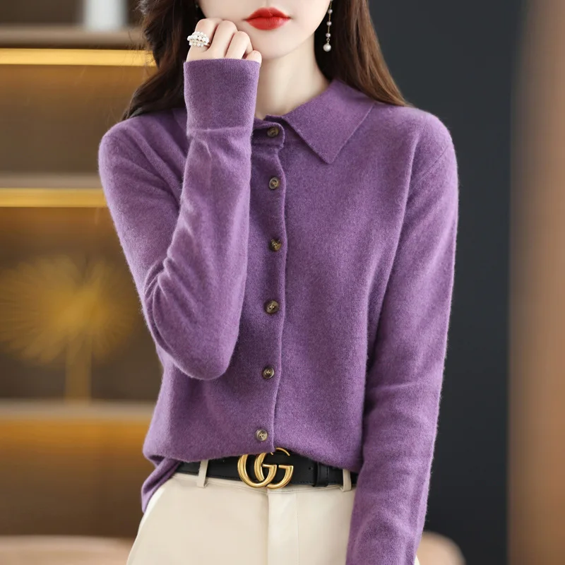 

Spring autumn POLO collar knitted shirt loose long-sleeved sweater cardigan Single breasted lapel coat