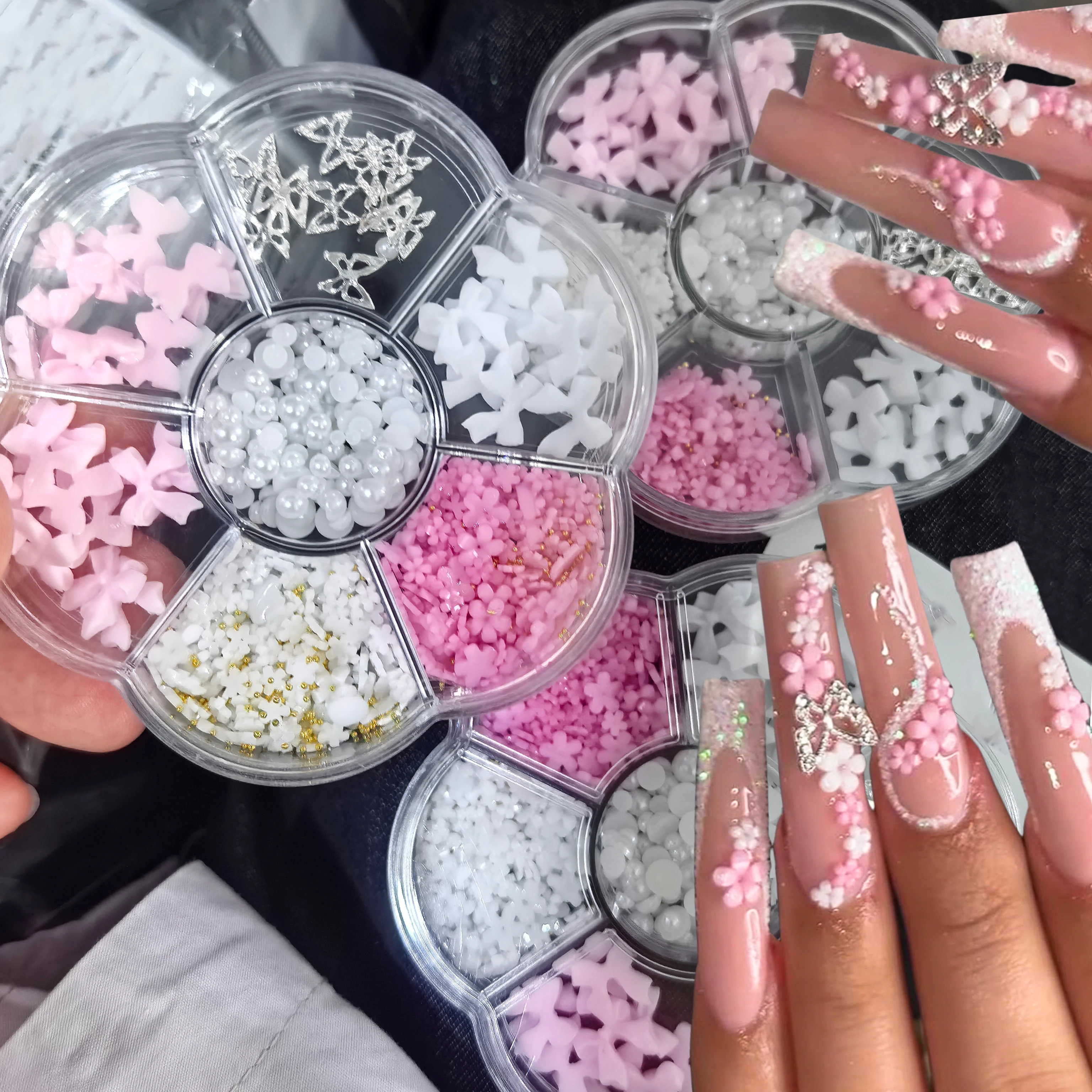 7Gird 3D Pink White Acrylic Flower Butterflies Bows Nail Art Decorations Mix Gold Caviar Beads Pearl Rhinestones DIY Accessories