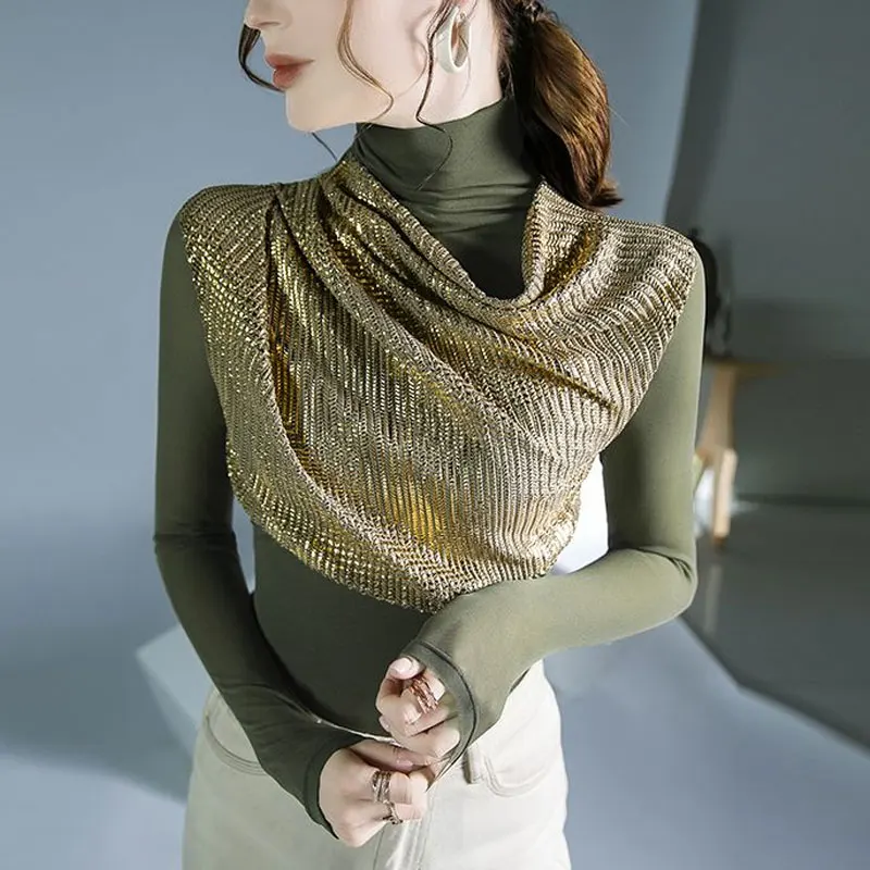 Sexy Chic Sequined Gauze T-shirt Patchwork Female Clothing Casual Turtleneck Spring Autumn Slim All-match Long Sleeve Pullovers