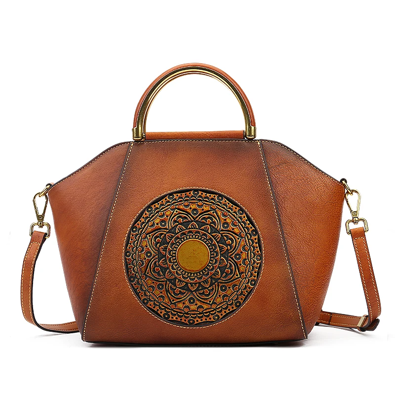 

Large Capacity Full Grain Leather Hand Made Emboss Totem Pattern Handbags Big Ladies Fashion Genuine Leather Business Tote Bags