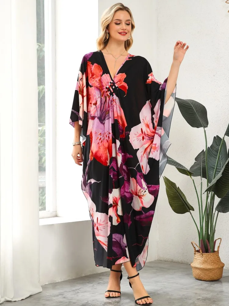 

2026 New Africa Fashion Boho Popular Printed Twill Kaftan Maxi Dress Summer Beach Bohemian Batwing Sleeve Long Dress For Lady