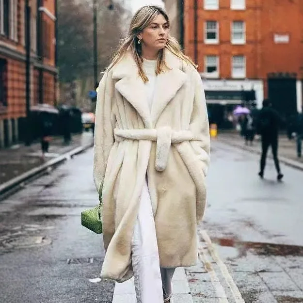 Winter Belted Women Artificial Fur Overcoat Long Lapel Collar Pockets Female Mink Fur Coat Cinched Waist Slim Lady Eco Fur Coat