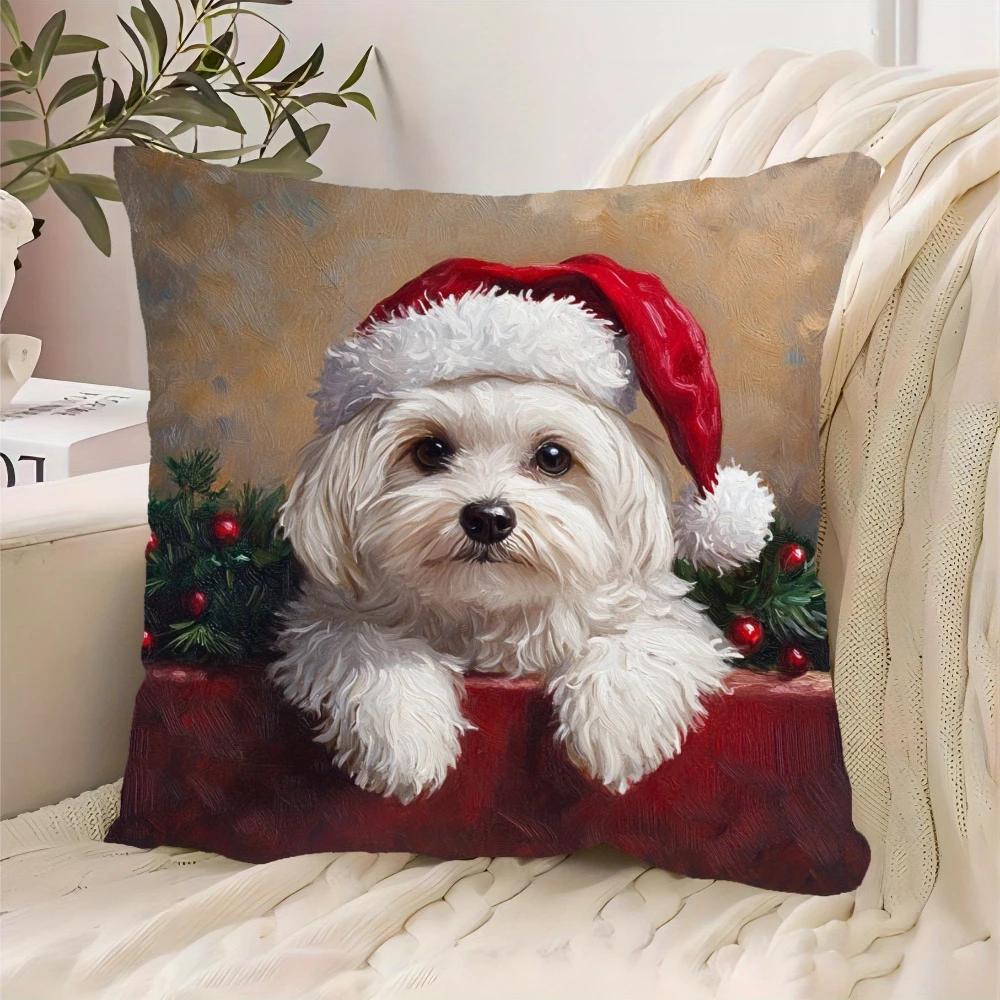 1PC White Dog Xmas Print Pillow Covers, Home Decor, Sofa Couch, Bed, Bedroom Living Room, Polyester, Machine Washable, Cute Deco