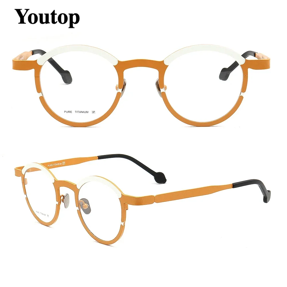 Round Women Pure Titanium Eyeglasses Frame Men Fashion Optical Glasses Frames Prescription Eyewear Light Spectacles Green Orange