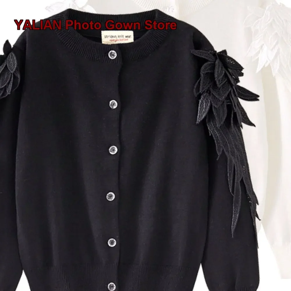 Girls Wings Knit Cotton Stylish Baby Coat Black Round Neck Little Kids