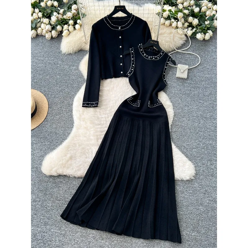 High-end Wear Women Autumn Fashion Beaded Round Neck Sleeveless Knitted Dress Long-sleeved Cardigan Jacket Women Two-piece Sets