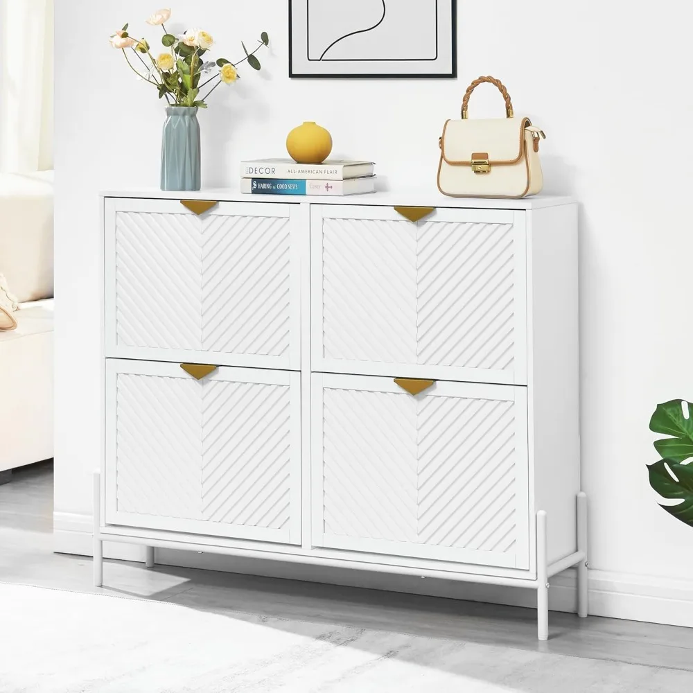 

Shoe Cabinet Storage With 4 Flip Drawers, Narrow Hidden Shoes Organizer Cabinet For Entryway, Freestanding Slim Shoe Rack Front