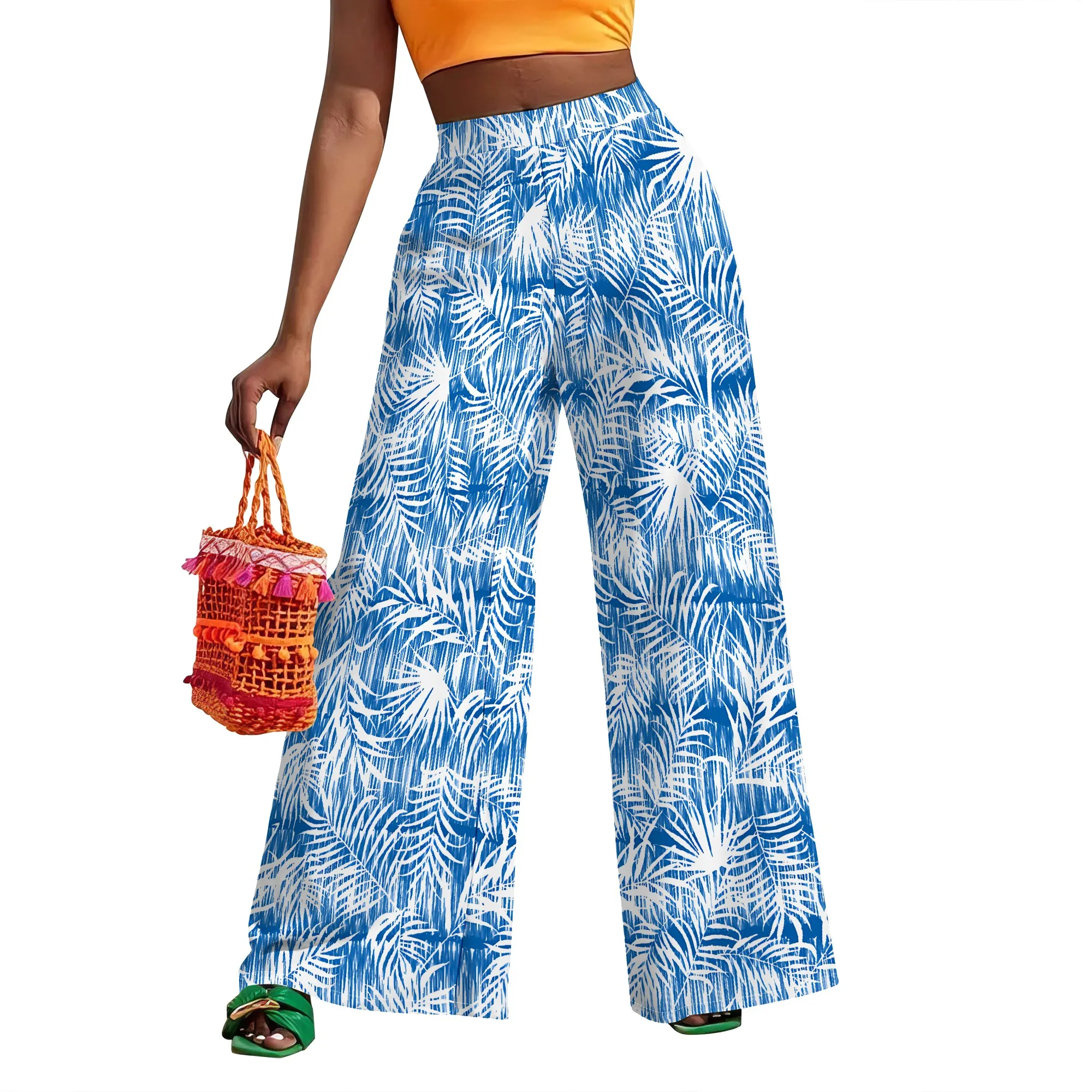 Ethnic Black Paisley Patch Print High Waist Wide Leg Pants Bohemian Summer Trousers