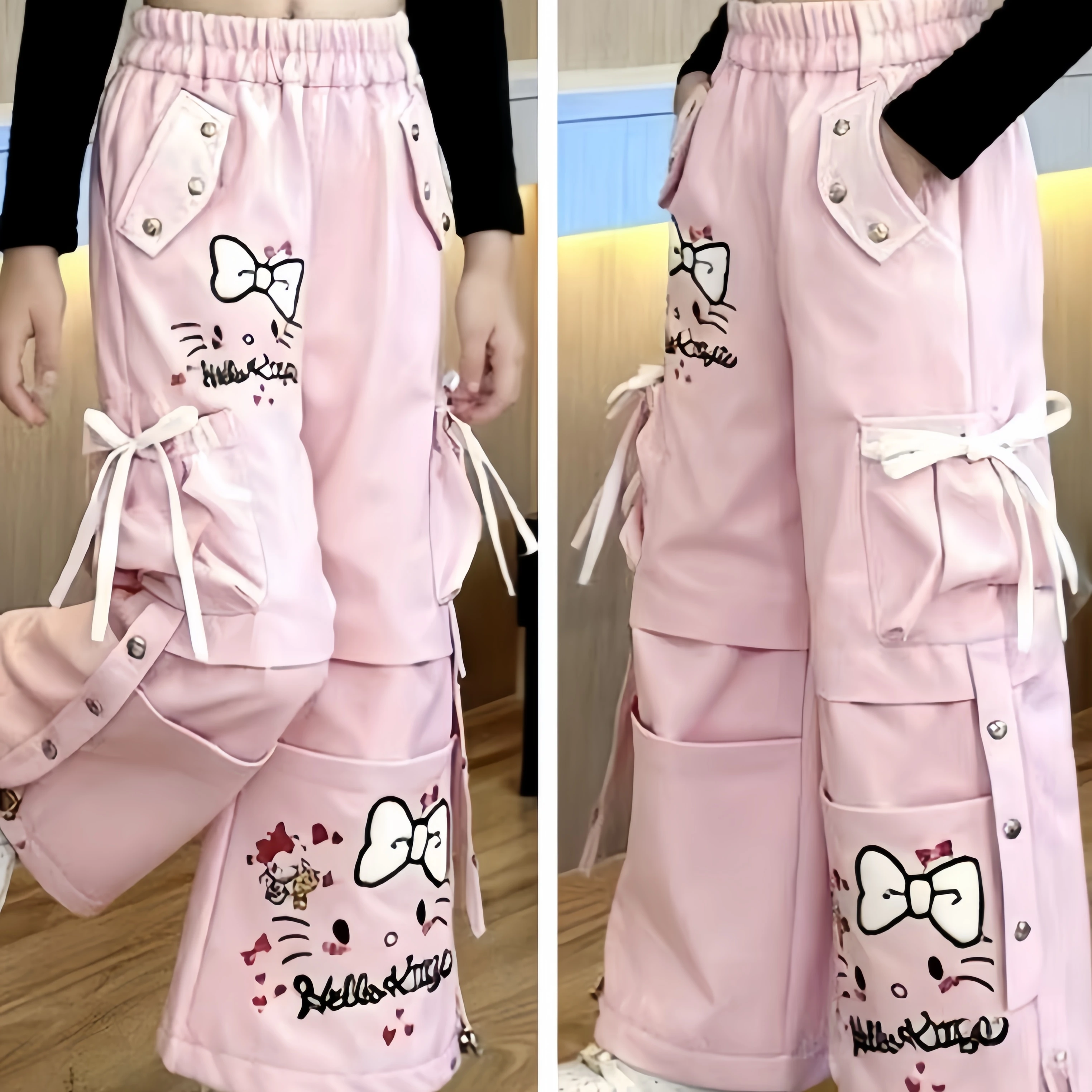 

Популярные штаны Sanrio для девочек, каваи, аниме, весенне-осенние спортивные студенческие повседневные свободные уличные штаны, детская одежда