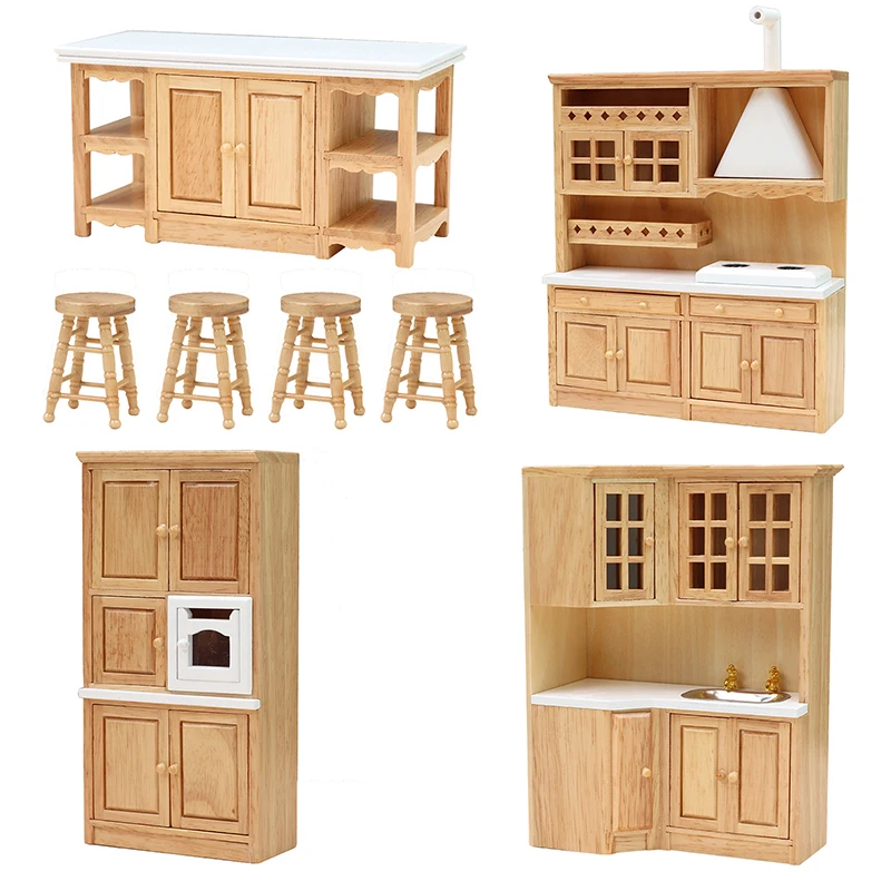 1:12 Dollhouse Miniature Sink Cabinet Stove Cabinet Cooking Table Stool Furniture Kitchen Decor Toy Doll House Accessories