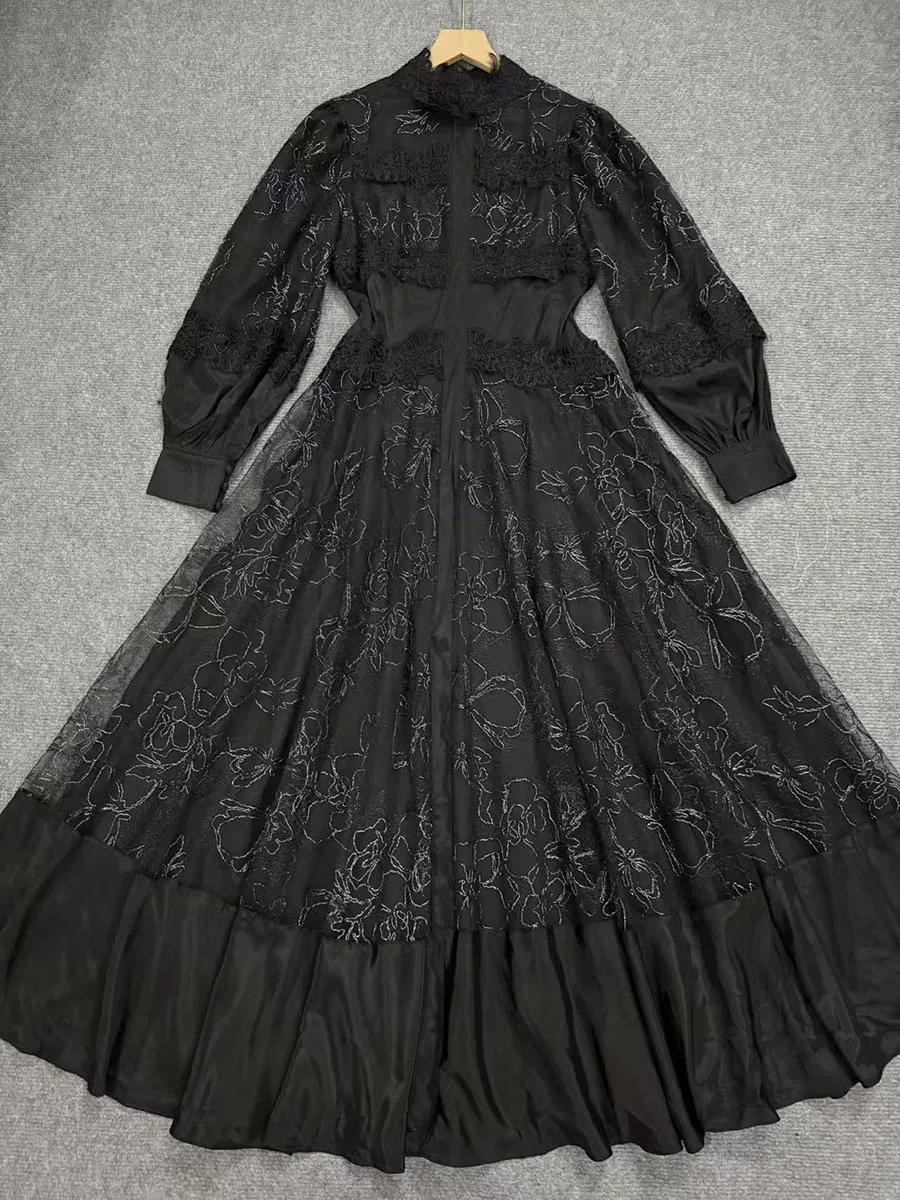 VGH فستان الأميرة خمر مزاجه للنساء الوقوف طوق فانوس كم عالية الخصر تقسم بقماش شفاف فساتين الدانتيل الإناث #5