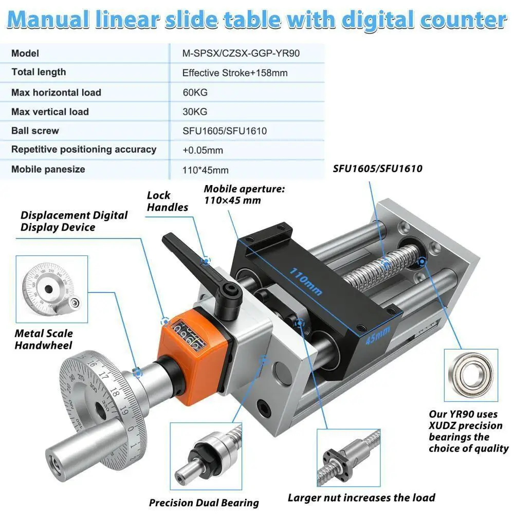 90mm Width Manual Linear Guide Rail BallScrew Sliding Table With Digital Display Device Premium Linear Actuator 60KG XYZ Stage