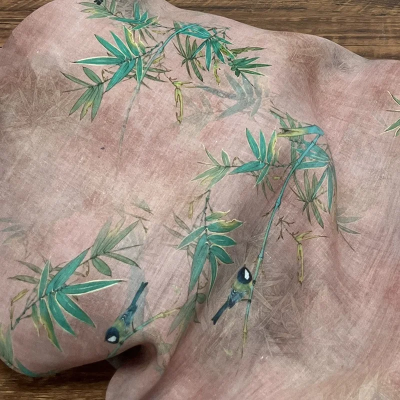 

1yard High quality pure ramie fabric bamboo bird print tissu Clothing Dress cheongsam fabric for material