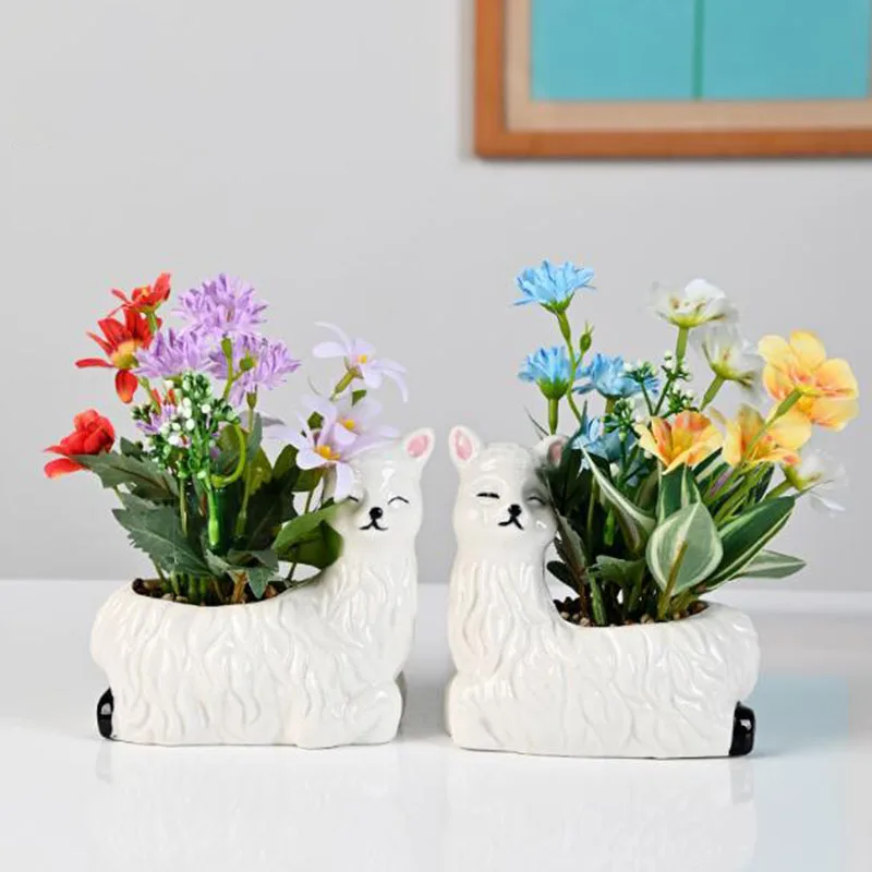 Nordic Style White Porcelain Sheep Flowerpot Succulent Plant Pot Bonsai Vase Desktop Ornaments Garden Planter Home Decor