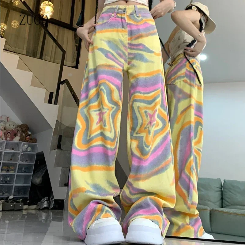 

2025 American Style Collision Star Jeans Women Loose High Waist Straight Leg Pant Fashion Pants Woman