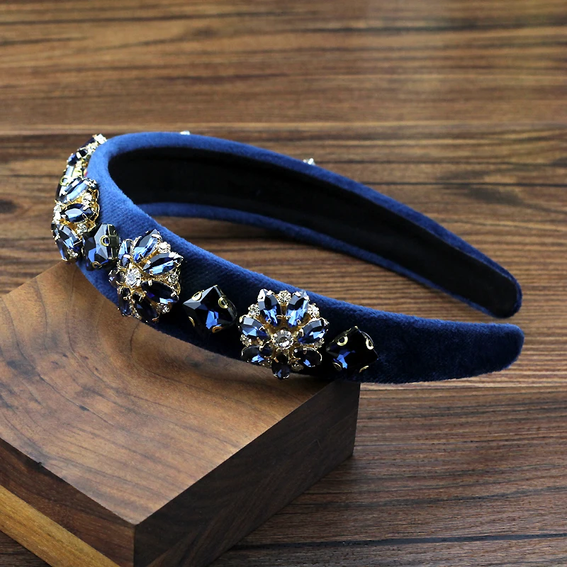 Handmade Luxury Navy Crystal And Rhinestone Hairband Vintage Bling Headband For Women Hair Accessories
