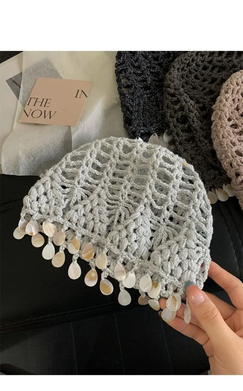 Koreanische Neue Mütze mit Muschel-Quasten-Design, Strickmütze, Herbst, handgefertigt, gehäkelt, hohles Netz, atmungsaktive Beanie-Mützen für Damen – Detail 7