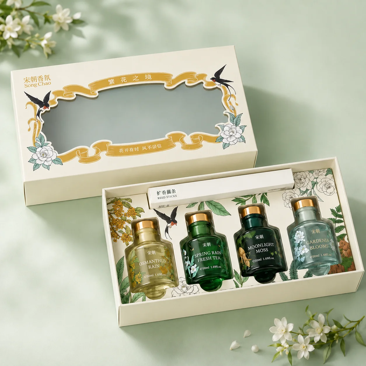 SONGCHAO Blooming Realm Reed Diffuser Gift Set 4 Scents 50ml Each Long Lasting Home Fragrance Decor Gift