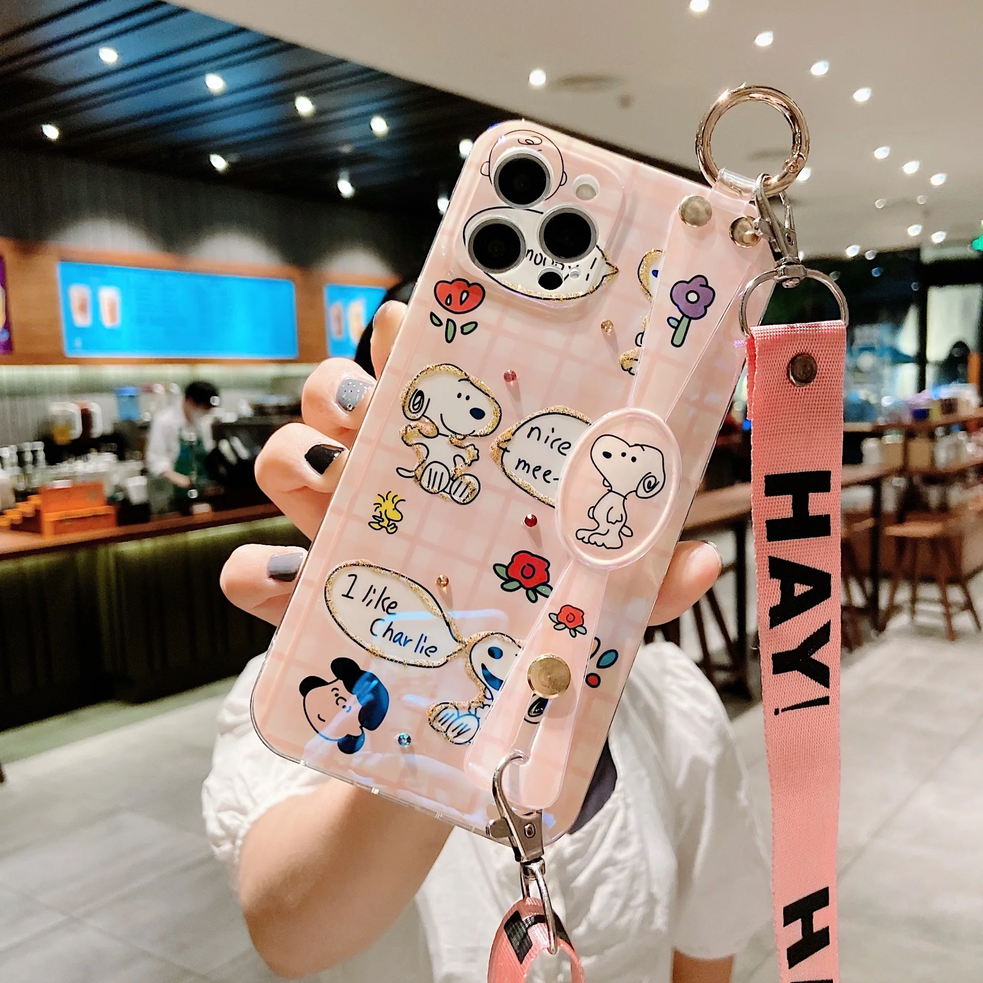 Cute Snoopy Charlie Brown Luxury Laser Wrist Strap Bracket Phone Case For iPhone 13 12 14 15 11 X Crossbody Strap Lanyard Cover