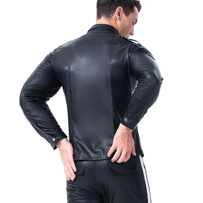 Men Exotic Faux Leather Shirts PU Sexy Fitness Tops Gay Latex T-shirt Tees Tops Party Clubwear