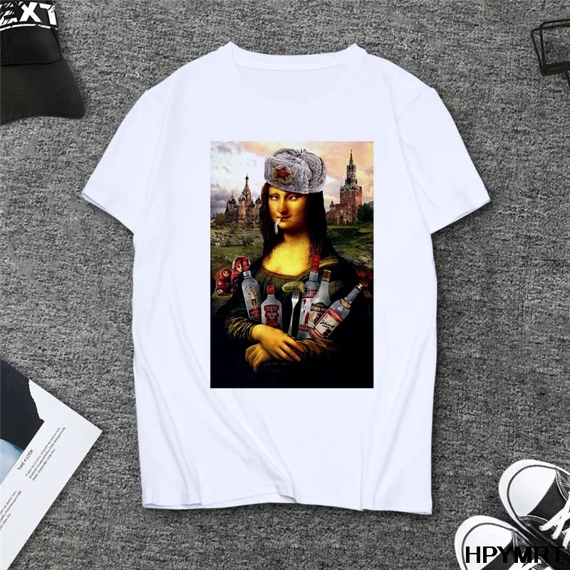 Summer spoof Mona Lisa Drink Beer Print T Shirts Women aesthetics funny Tshirts Casual Short Sleeves Tops t-shirt Female Clothes