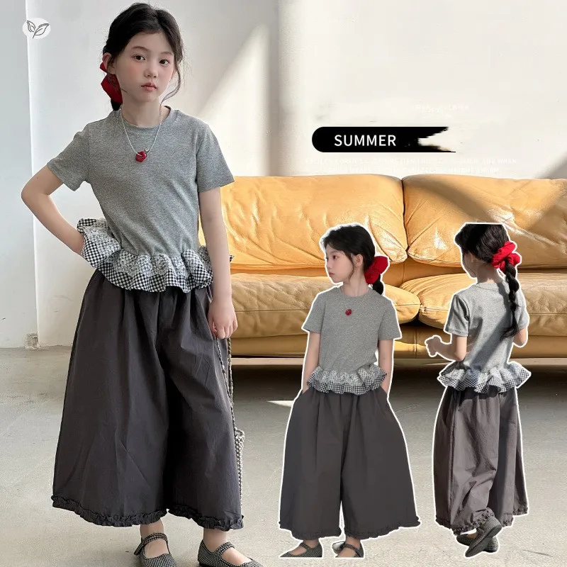 

Summer Girls Cotton Stylish Crop Lace Patchwork T-Shirt Top+Wide-Leg Pant Set School Kids 2PCS Tracksuit Children Outfit 5-16 Yr