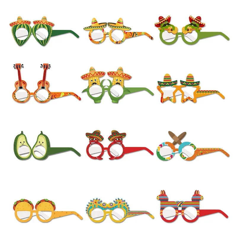 12pcs Mexican Fiesta Party Paper Sunglasses Masks Funny Crazy Cinco De Mayo Party Glasses Cactus Chili Taco Photo Booth Props