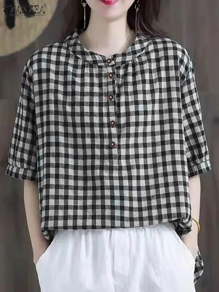 Vintage Women Half Sleeve Plaid Checked Blouse ZANZEA 2024 Summer Casual Loose Shirt Fashion Holiday Tops Tunic Retro Blusas