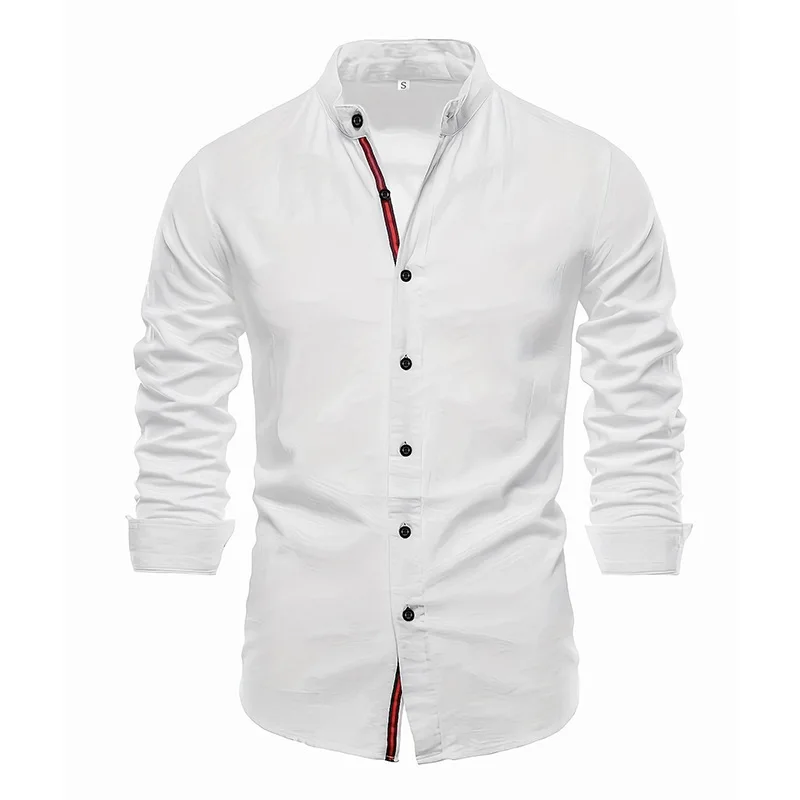 Men\'s Cotton Linen Slim Fit Standing Collar Shirt Fashion Business Solid Long Sleeved Social Button Shirts For Men Clothing