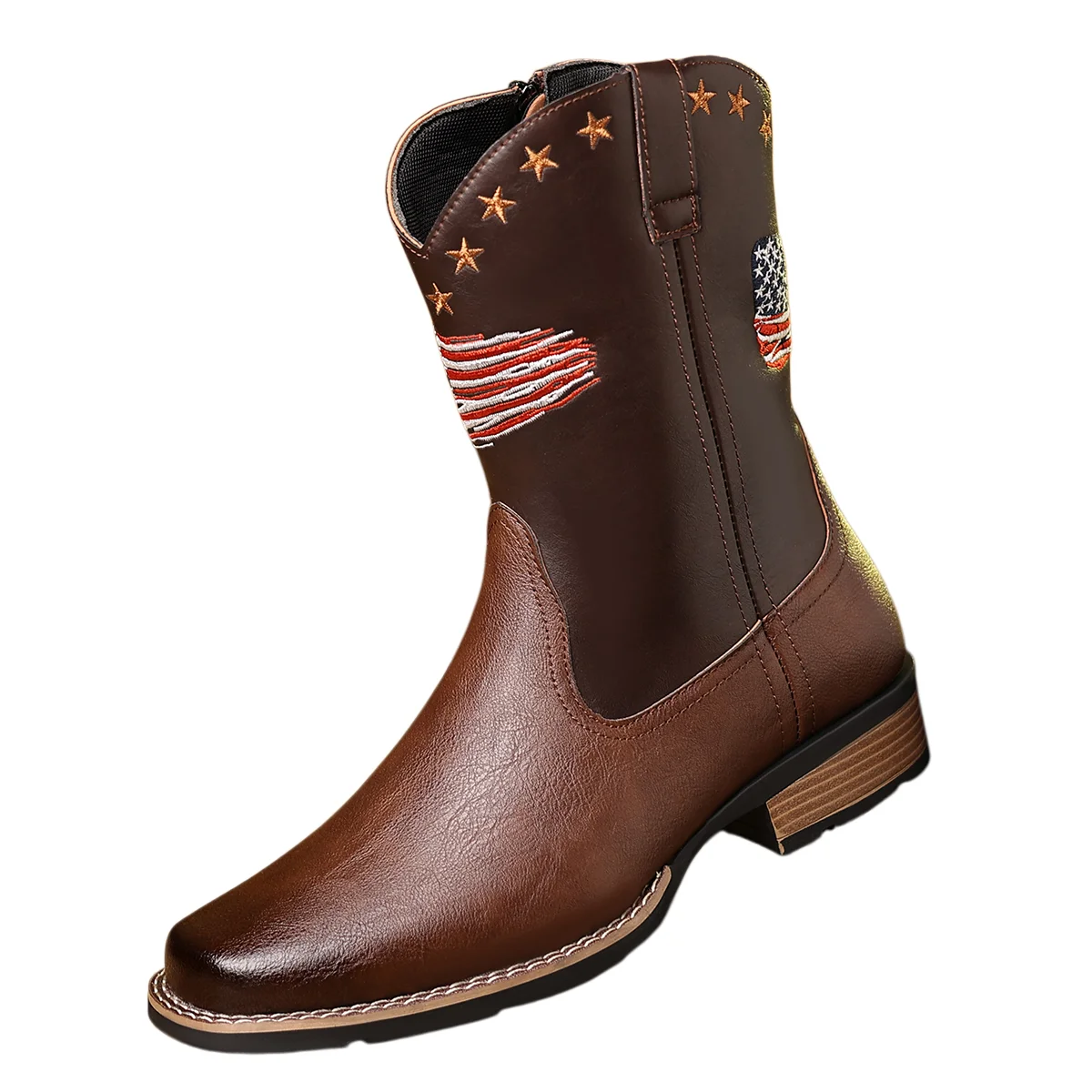 

Men's Plaid Square Toe Low Heel Easiest for Match National Flag ZIP Outdoor Cowboy Boots