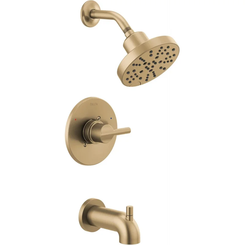 

Delta Nicoli 14 Series H2Okinetic Bathtub & Shower Faucet Set - Brushed Gold Head & Handle, Valve Trim Kit (Valve Included), Cha