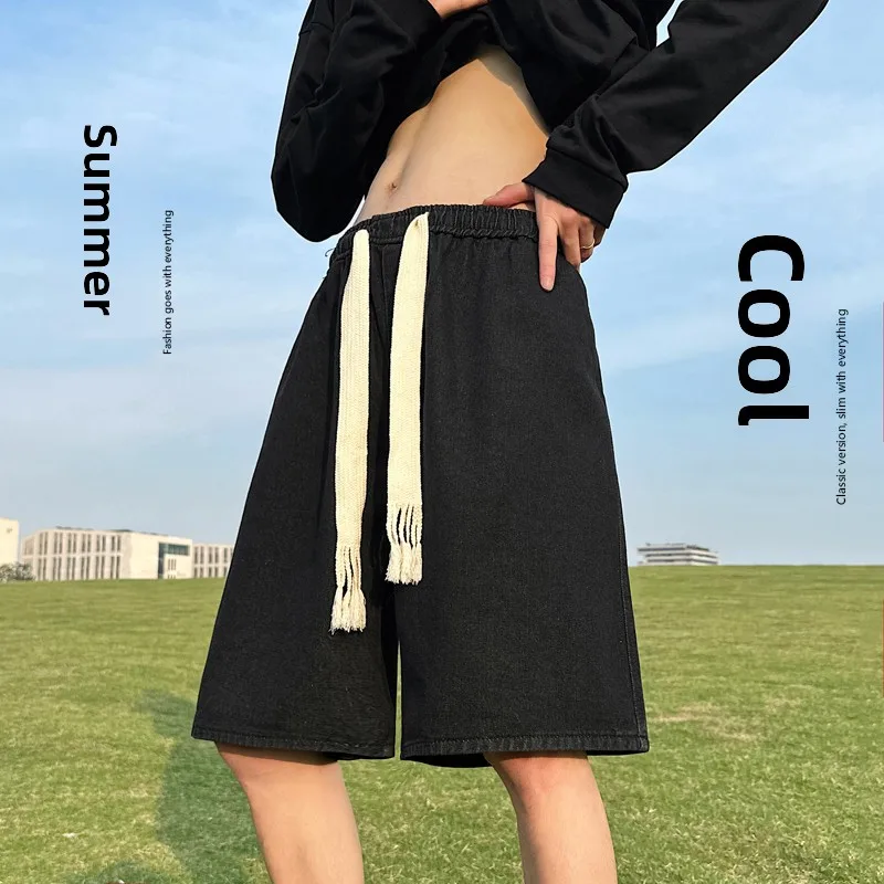 

Dstring Denim orts Men Summer Thin Five-Quarter Loose Fit y Casual Loose Mid-Calf Retro Japanese Sle orts