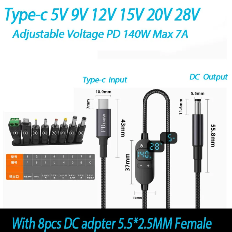 Universal 5.5x2.1mm DC AC Power Adapter Tips Connector Kits 140W PD USB C to 5.5X2.5mm 5V-28V Adjustable Voltage Cable 1.5M