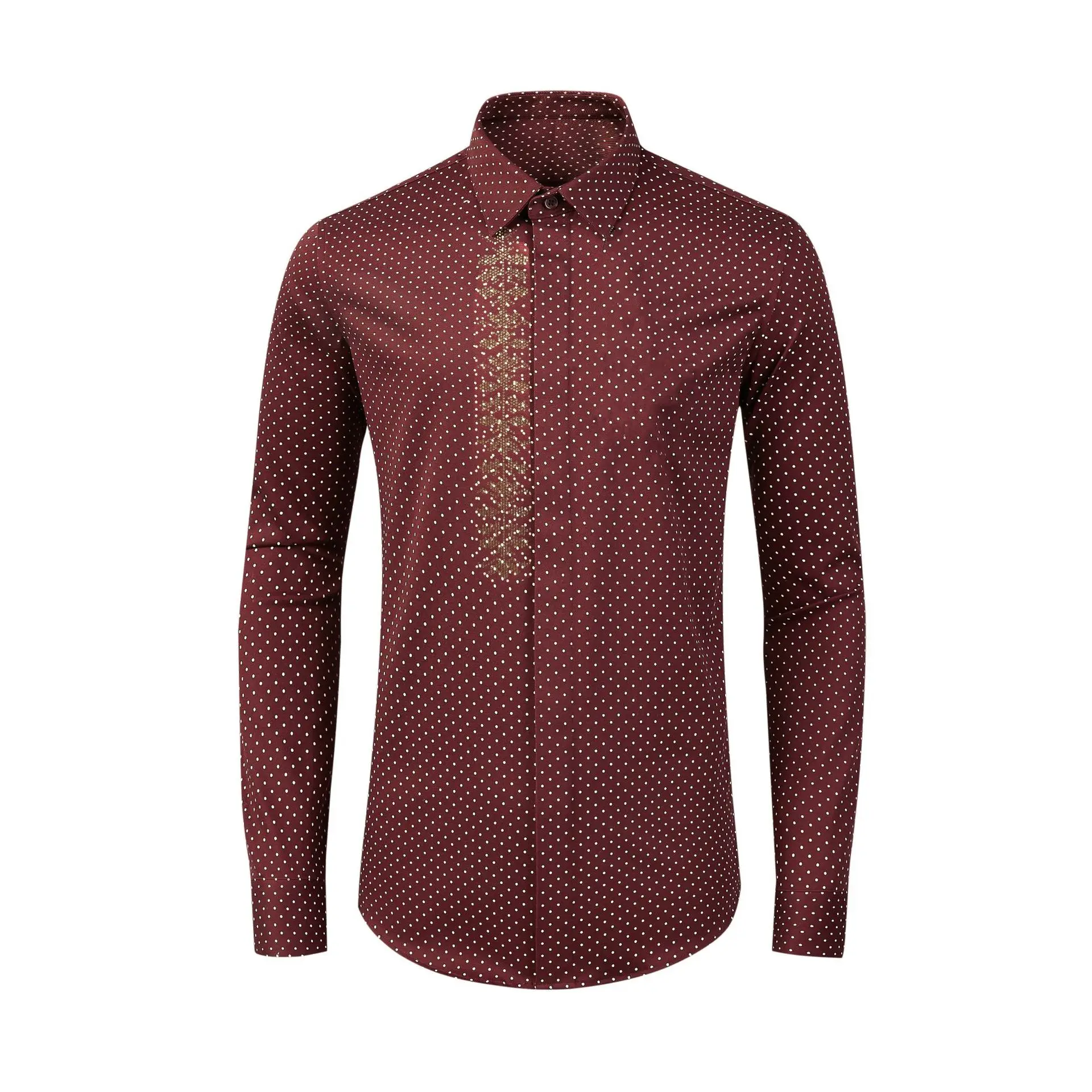 Thickened autumn and winter polka dot hot pressing with rhinestones, fashionable men's fitted shirt, cotton elastic, high-end