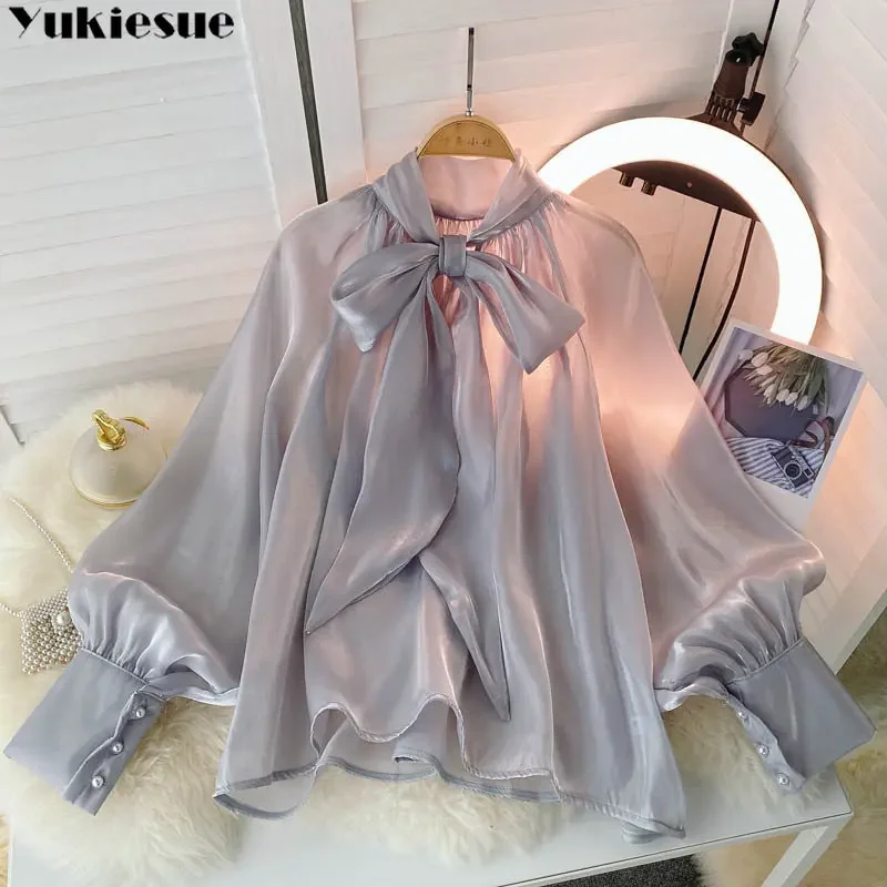 Spring New Fashion Korean stytle Satin Advanced sense Shirt Female Bow Tie Collar Retro Bubble Long-Sleeved Elegant Blouse Women