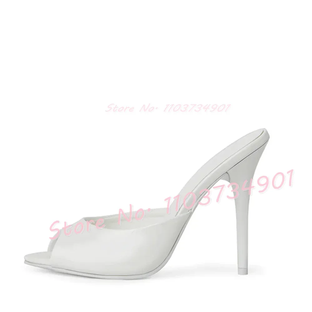 Sweet Pink Patent Leather High Heels Mules Women Fashion Solid Concise Peep Toe Slippers Lady Feminine Elegant Out Side Slippers