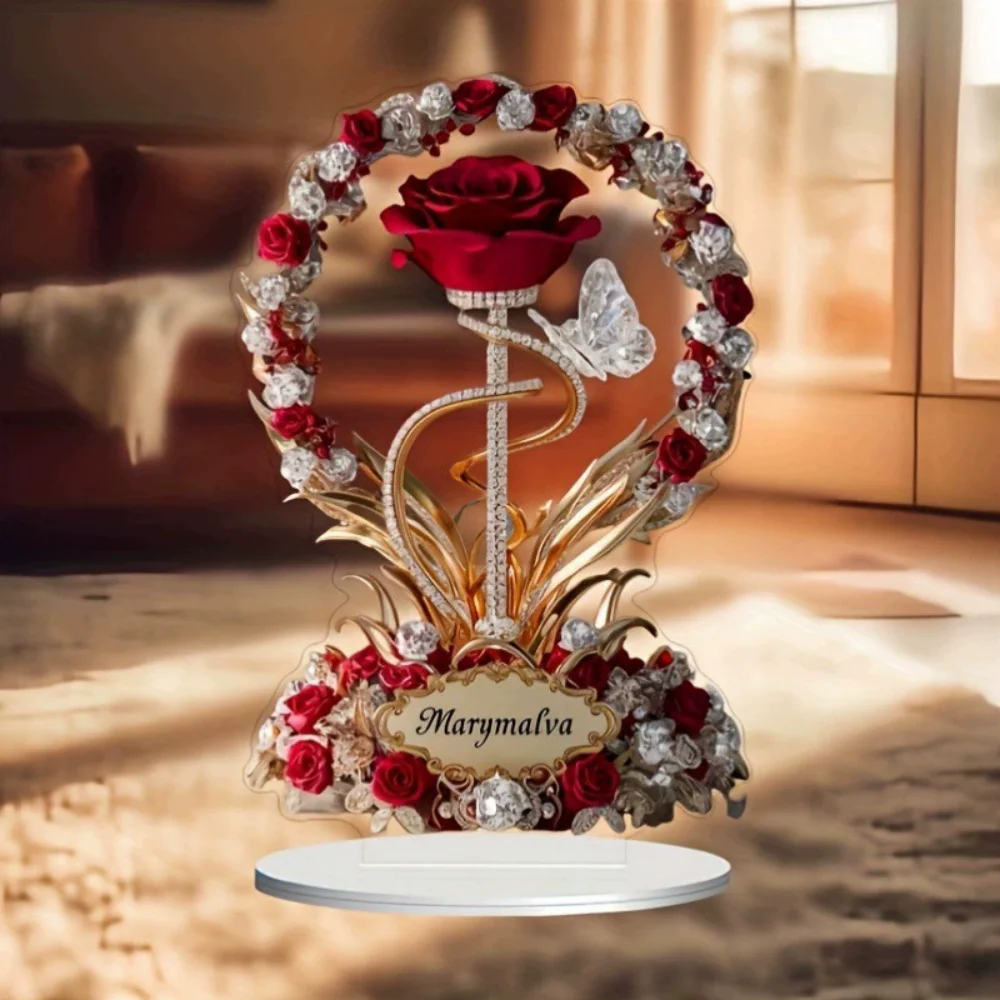 1Pc Elegant Rose Flower Desk Decor, Acrylic Stand with Butterfly, Perfect for Home & Wedding Decoration image 2