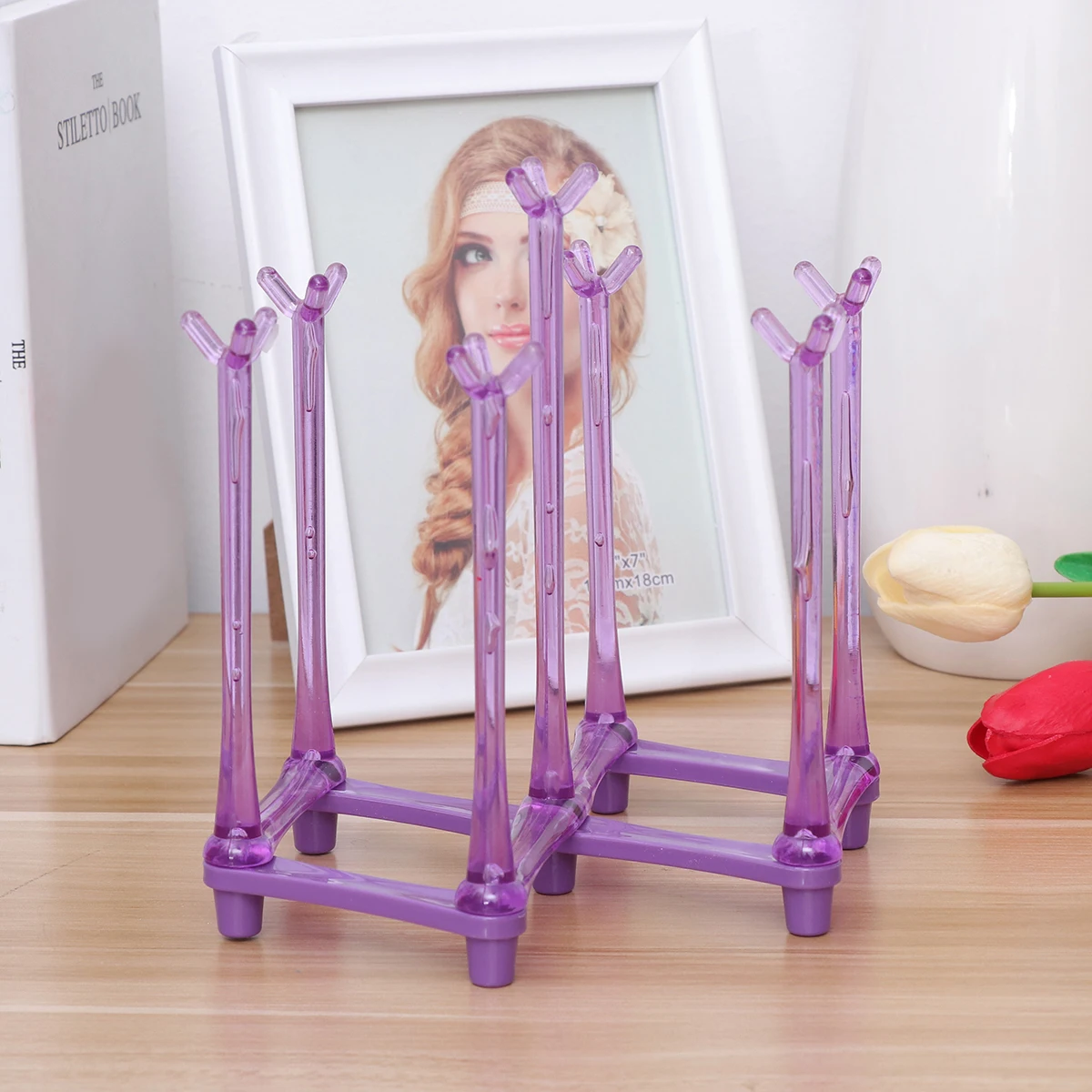 

Stretchable 7 Cup Foldable Organizer Plastic Drying Rack Goblet Mugs Storage Holder Purple Cup Organizer Goblet Rack