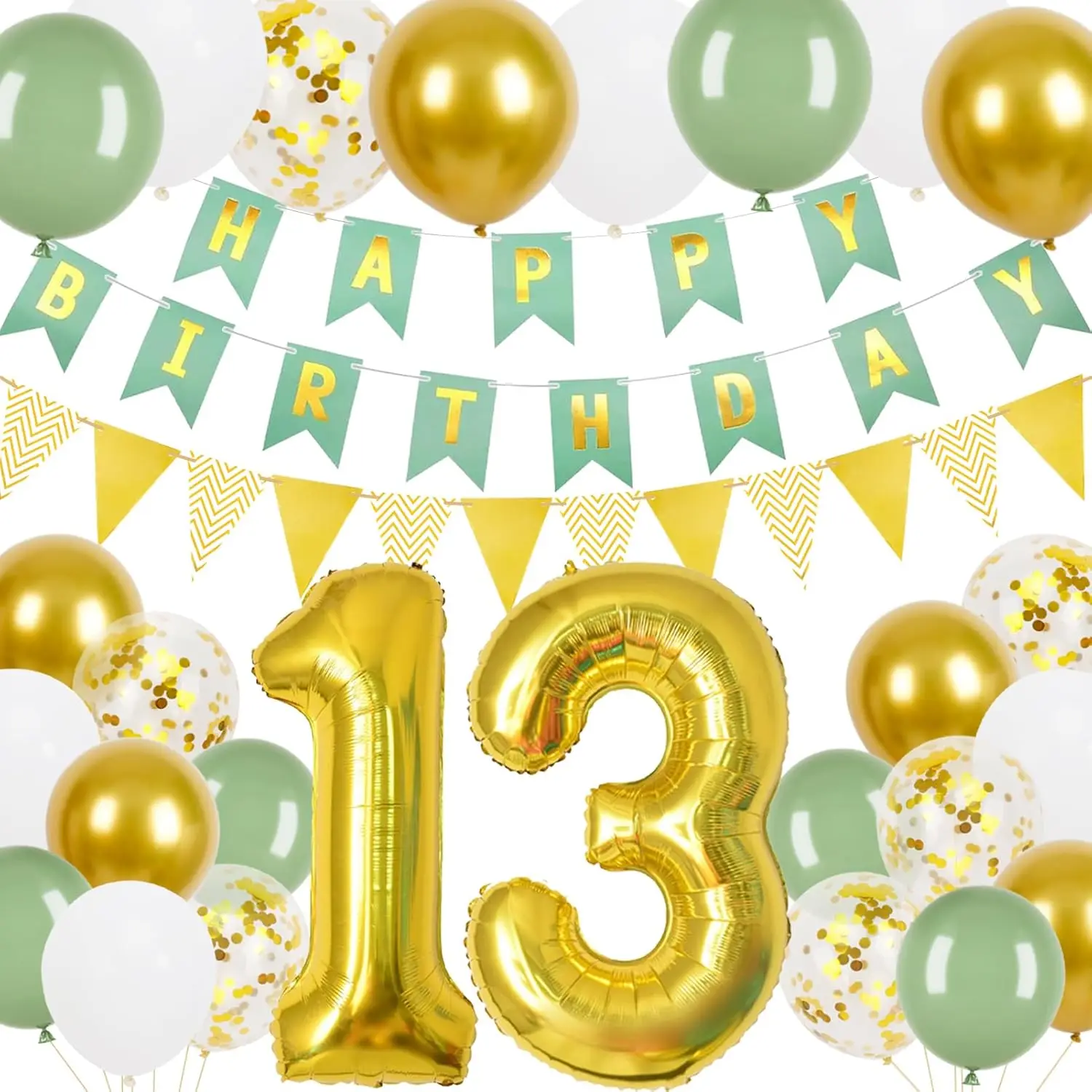 Ensemble de 13 ballons de décoration pour anniversaire, chiffres 13 vert et or, guirlande de confettis à l'hélium pour fête garçon ou fille