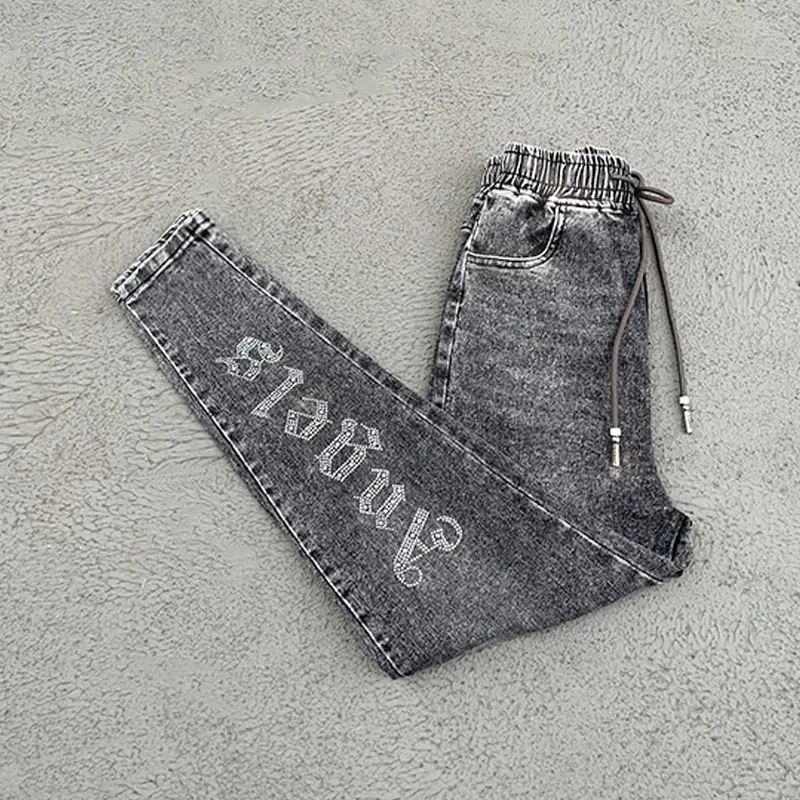 Rhinestones Elastic Waist Elastic Jeans Pencil Pants Spring Summer   Fashion Harem Denim Pants Female Korean Version High Waist