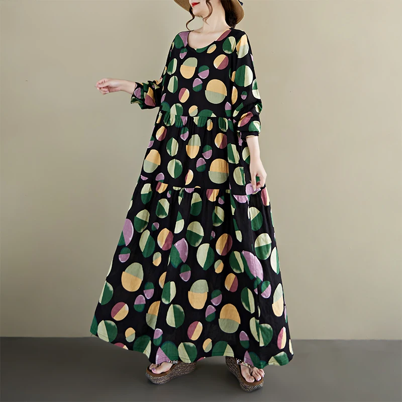

n Polka Dot Loose Long Sve round Ne Dr Ci Walk Cotton Materni Autumn New Arrival Full Skirt Casual Dr