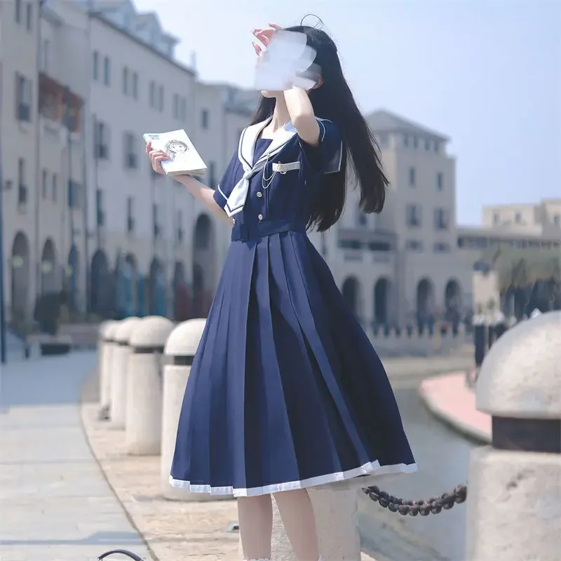 Japanese Preppy Style Lolita Sailor Suit Y2k Gothic Kawaii Vintage Short Sleeve Summer Midi Dress Preppy Dress Women JK Girls