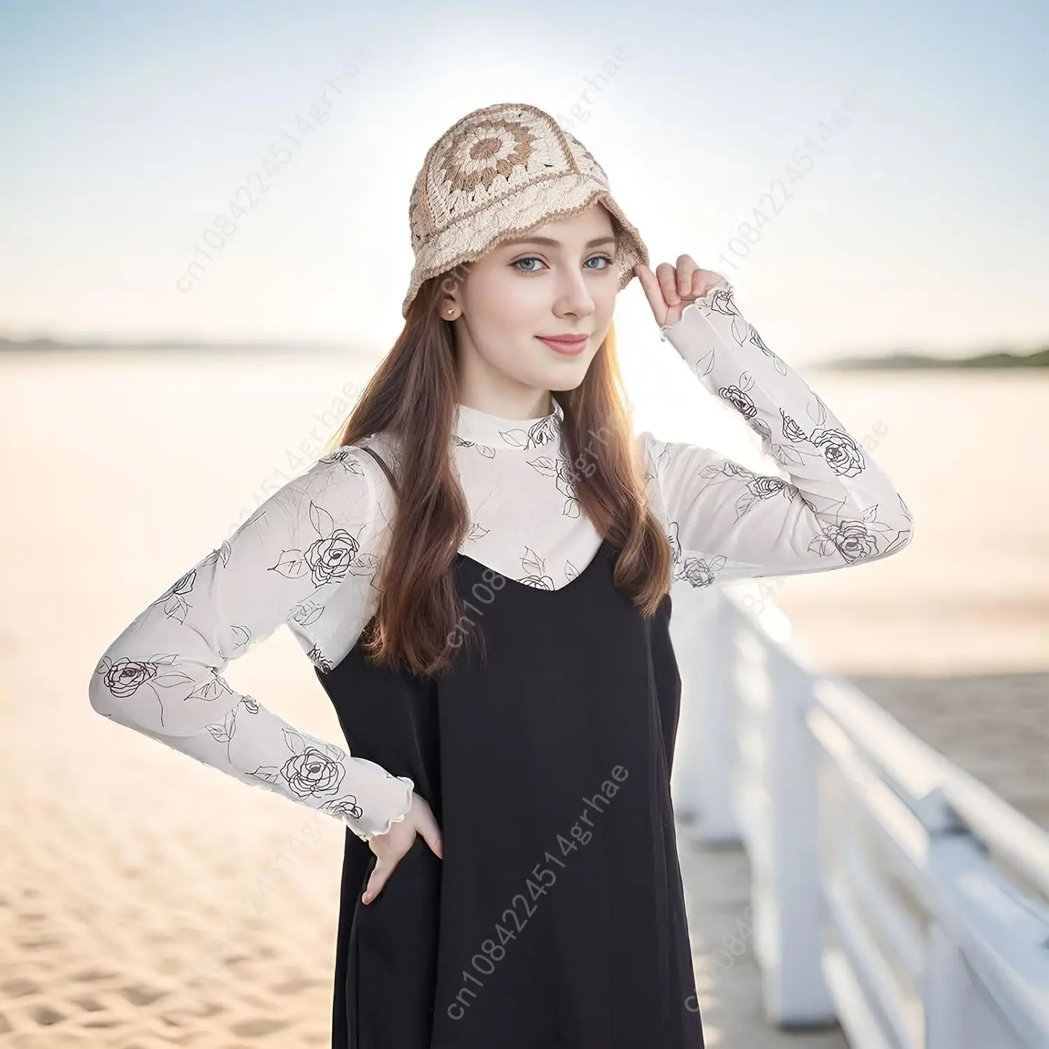 قبعة دلو كروشيه للنساء، قبعة دلو محبوكة على شكل زهور للنساء السود، أزياء خارجية #4