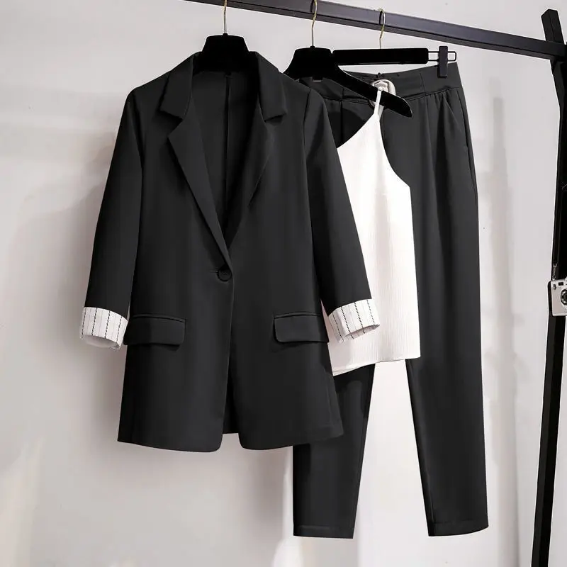 Women\'s Spring Summer Thin Blazer Pants 3 Pcs Set Korean Office Lady Work Graceful Suit Coat Trousers Vest Outfits Daily Clothes