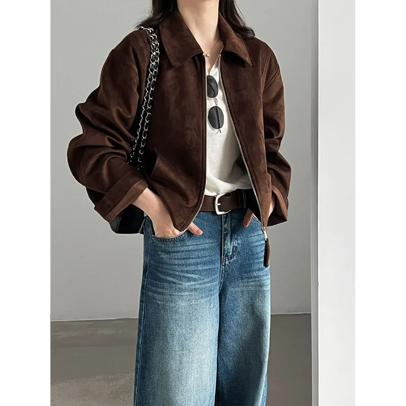 Suede Vintage Lapel Off-the-shoulder Jacket for Women New Autumn Maillard Casual Short Coat Fashionable Simple Women's Clothing