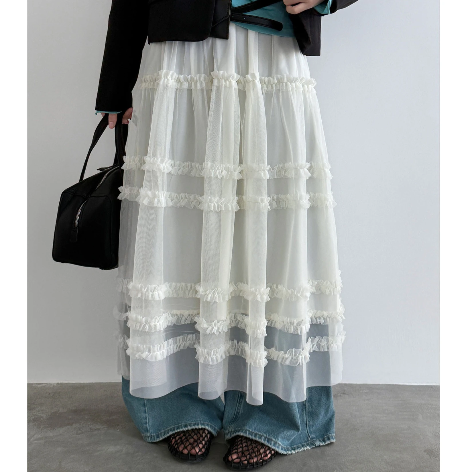 

Women Skirts Solid Skirt A Line Mesh Lettuce Hem Elastic Empire Waist Ankle Length Slight Strech Loose Casual Office 2026 Spring